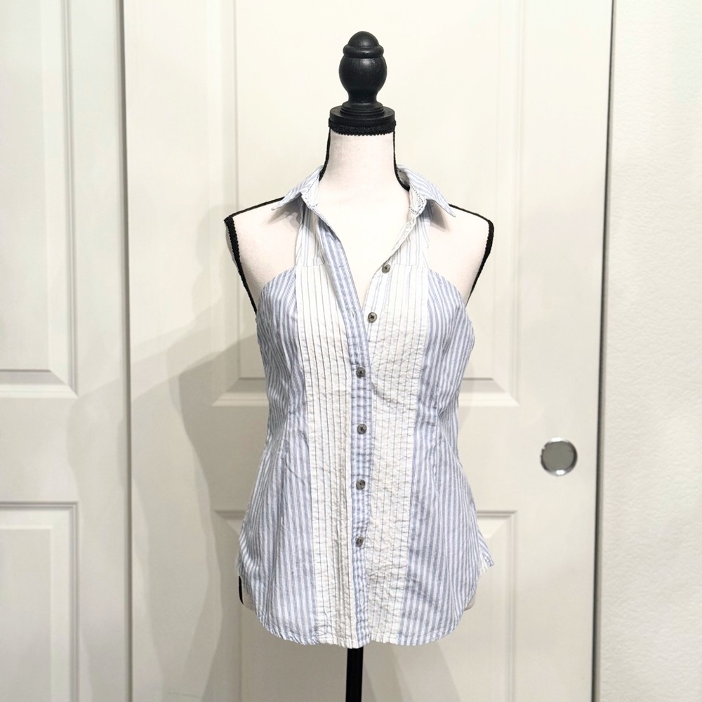 Maeve Blue, White Pinstriped Sleeveless Button-Down Top Blouse w/Collar, 0 - Picture 1 of 8